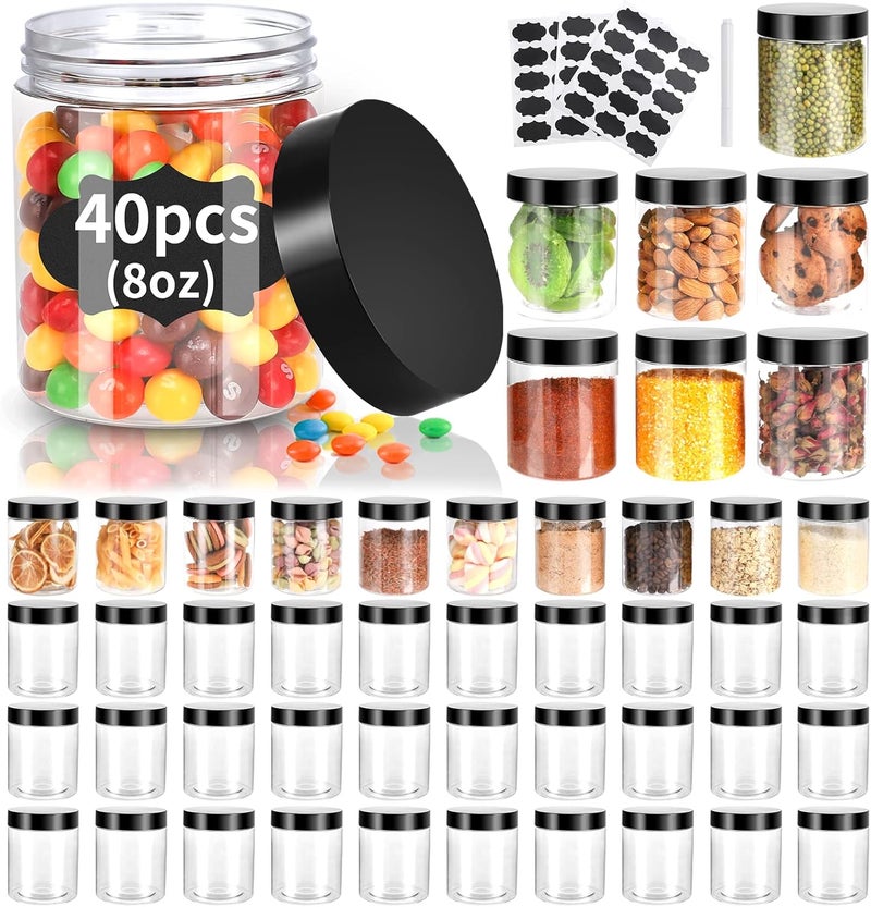 Gencywe 40 Pack Plastic Jars with Lids, 8 oz Clear Slime Cosmetics Containers with Pen and Labels, Leakproof Storage Jars, PET Empty Jars with Black Lids for Kitchen Cookie Candy Spices Dry Food Cream - Image 1